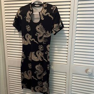 # 0693 + Elegant Black and Gold Dragon Print Dress W/ WHT Logo